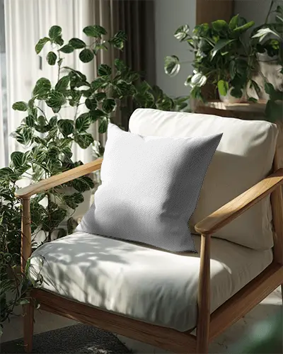 Modern Living Room Cushion Mockup On Wooden Armchair With Greenery Background