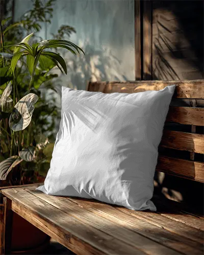 Rustic Outdoor Cushion Mockup On Wooden Bench With Natural Light And Shadows