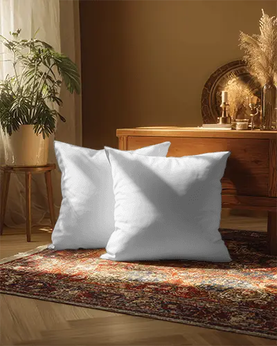 Soft Square Cushion Mockup For Cozy Living Room Decor On Vintage Patterned Rug Floor