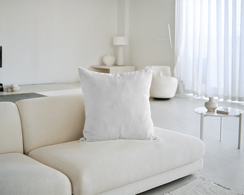Minimal Interior Cushion Mockup White Pillow On Modern Cream Sofa In Bright Living Room With Curtains And Decorative Vases 029