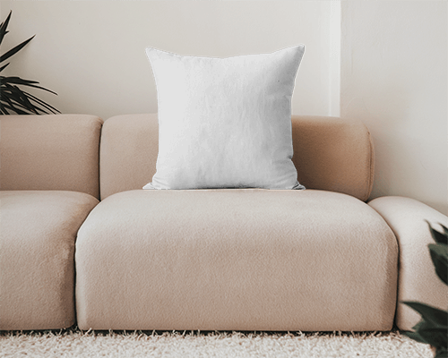 Neutral Interior Cushion Mockup White Pillow On Soft Beige Sofa With Greenery Accents And Cozy Textured Rug 030