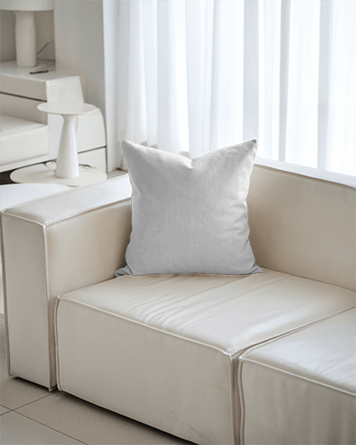 Modern Interior Cushion Mockup White Pillow On Minimal Cream Leather Armchair With Sheer Curtains And Contemporary Decor 031