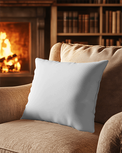 Cozy Fireplace Lounge Cushion Mockup White Pillow On Plush Armchair With Glowing Fire And Bookshelf Warm And Inviting Ambience 033