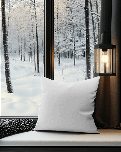 Winter Window Nook Cushion Mockup White Pillow On Cozy Bench With Snowy Forest View And Warm Lantern Lighting Tranquil And Festive Ambience 034