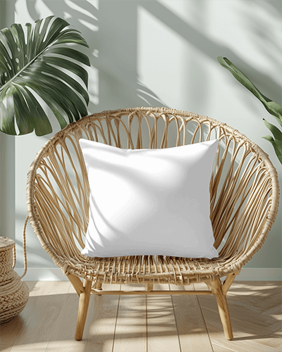 Boho Sunlit Interior Cushion Mockup White Pillow On Rattan Chair With Tropical Plants And Soft Shadows Modern And Relaxing Ambience 035