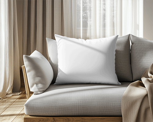 Sunlit Cozy Interior Cushion Mockup White Pillow On Modern Sofa With Soft Textiles And Neutral Tones Warm And Inviting Ambience 036