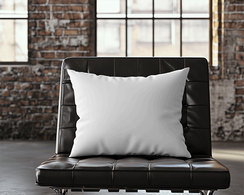 Industrial Loft Cushion Mockup White Pillow On Black Leather Chair Exposed Brick Wall And Large Windows Urban And Modern Aesthetic 037
