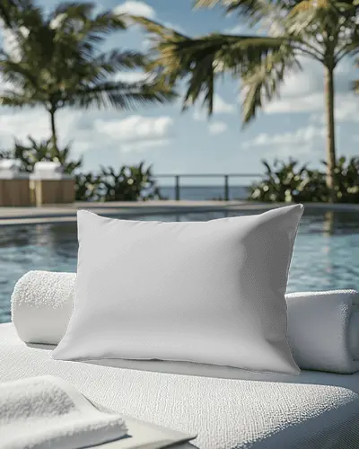 Outdoor Poolside Cushion Mockup On Lounger With Tropical Palms Ocean View And Sunny Resort Vibes