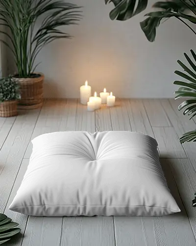 Zen Floor Cushion Mockup With Candles And Indoor Plants On Wooden Floor Soft Evening Lighting And Serene Ambience