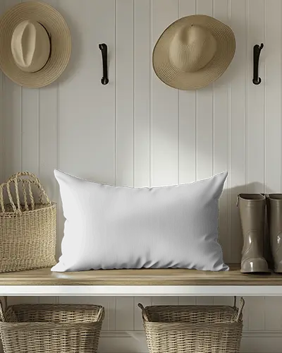 Farmhouse Entryway Cushion Mockup On Wood Bench With Wicker Baskets Straw Hats And Neutral Decor Rustic And Inviting Look