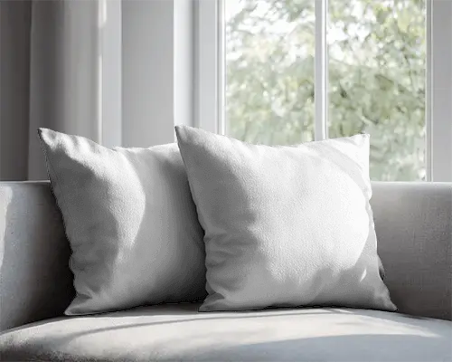 Cozy Comfortable Pillows Arranged On Urban Living Room Couch By Natural Light