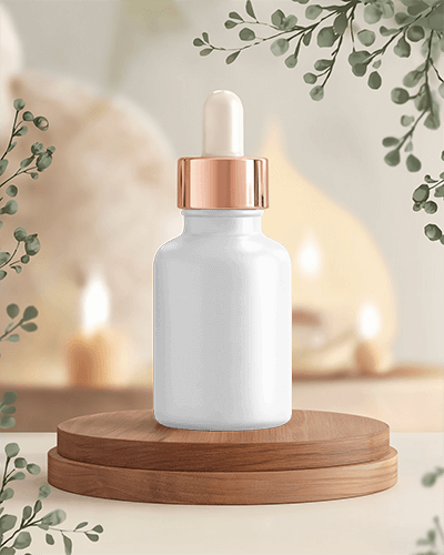 Dropper Bottle Mockup White Bottle Rose Gold Cap Wooden Podium Candles And Greenery Soft Warm Lighting 013