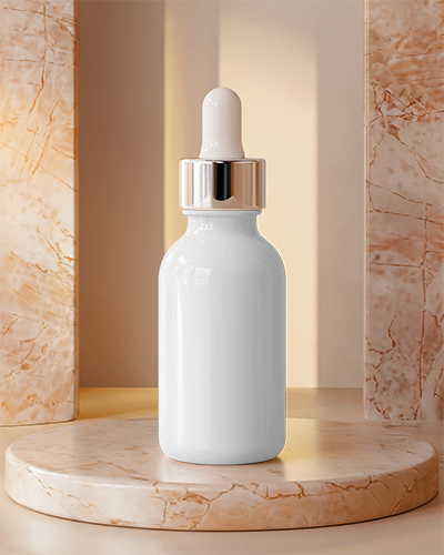 Dropper Bottle Mockup Luxyry White Bottle Gold Cap Marble Platform Warm Sunlit Reflections Elegant And Premium Aesthetic 014