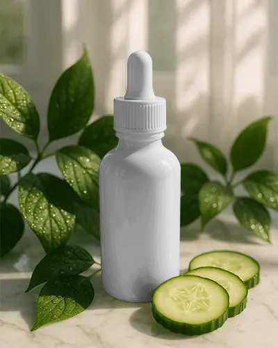 Natural Skincare Dropper Bottle Mockup With Fresh Cucumber Slices And Green Leaf Background