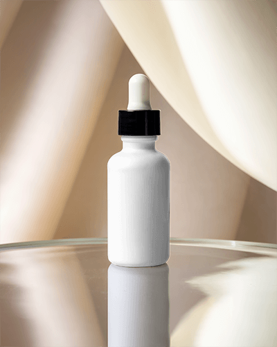 Dropper Bottle Mockup Elegant Curtain Backdrop Soft Lighting Reflective Surface Luxurious Minimalist Design 018