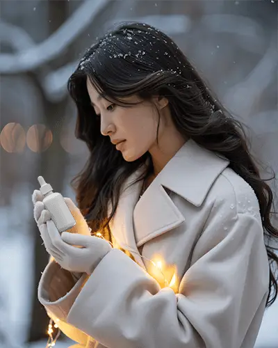 Winter Outdoor Dropper Bottle Mockup Female Model In Soft Snowy Light Serene Look