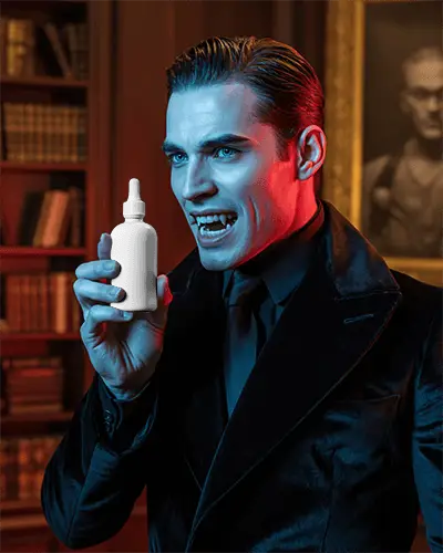 Gothic Vampire Dropper Bottle Mockup Dark Elegant Red Blue Lighting Intense Expression