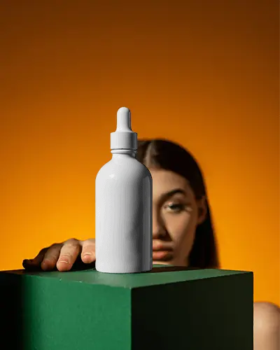 Minimal Dropper Bottle Mockup With Woman In Orange Background Modern Aesthetic