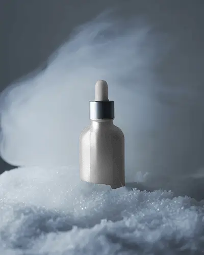 Frosty Dropper Bottle Mockup Minimal Winter Scene With Snow And Cold Vapor