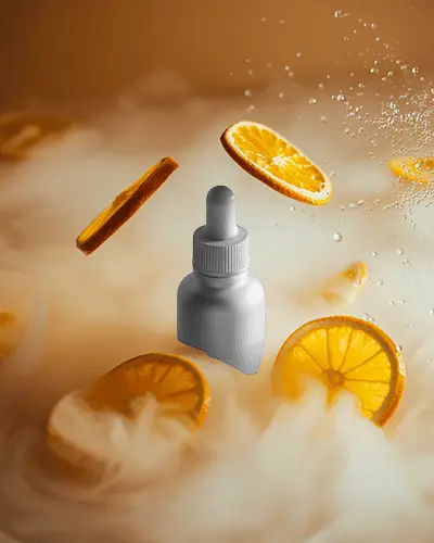 Citrus Dropper Bottle Mockup Orange Slices Floating In Vibrant Fog Scene Bright Zesty Aesthetic