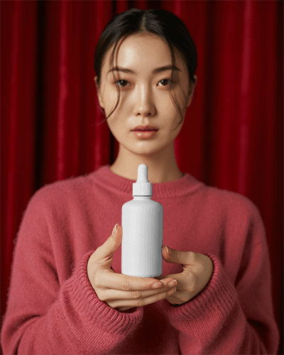 Minimalist Dropper Bottle Mockup Female Model In Pink Sweater Red Curtain Backdrop
