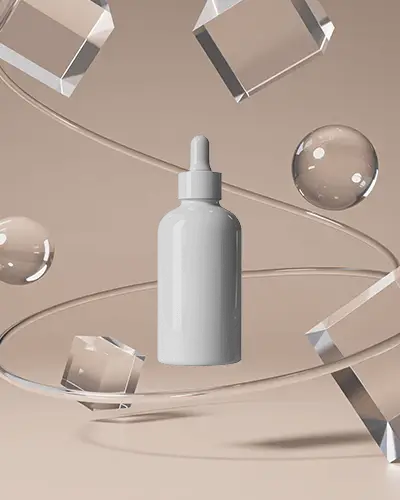 Luxury Dropper Bottle Mockup Floating With Glass Spheres And Cubes Minimal Design