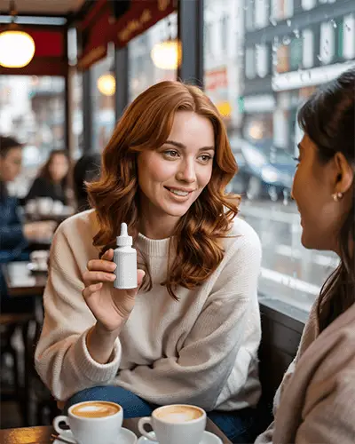 Cafe Dropper Bottle Mockup Woman Holding Product During Coffee Conversation