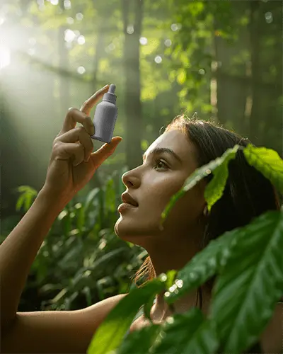 Nature Inspired Dropper Bottle Mockup Woman In Forest With Sunlight Beams