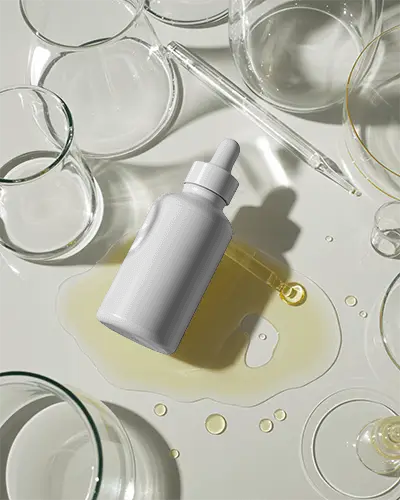 Scientific Dropper Bottle Mockup Lab Glassware Scene With Oil Spill And Reflections