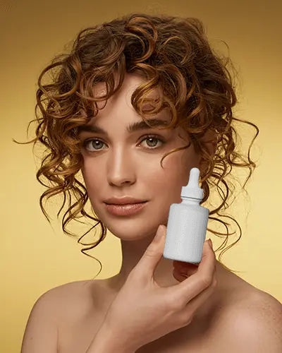 Radiant Dropper Bottle Mockup Beauty Portrait With Golden Background And Soft Light