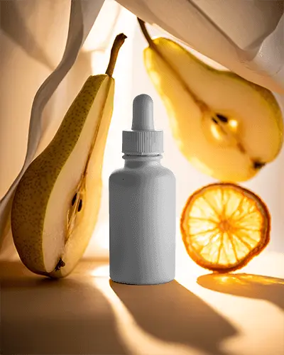 Pear Citrus Dropper Bottle Mockup Fruity Beauty Concept With Warm Sunlight