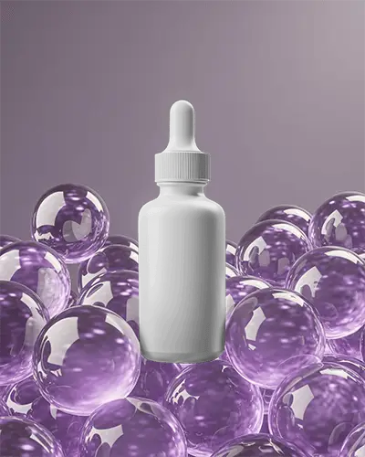 Dropper Bottle Mockup Floating Above Glossy Transparent Spheres Beauty Packaging Template