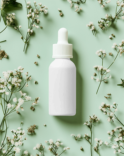 Dropper Bottle Mockup Green Background Baby’s Breath Flowers Organic Skincare Packaging 028