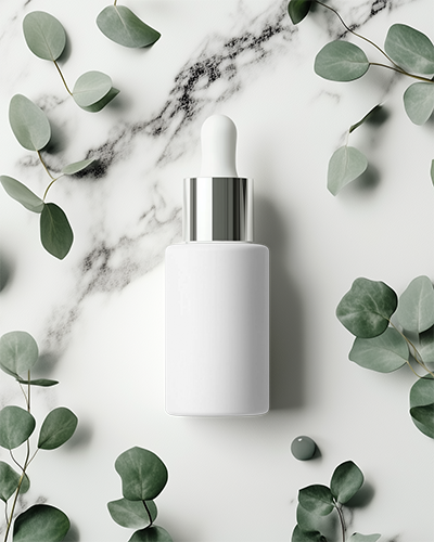 Dropper Bottle Mockup Luxurious Marble Background With Eucalyptus Leaves Natural And Elegant Organic Skincare Aesthetic 033