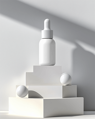 Dropper Bottle Mockup Modern White Aesthetic Staged On Geometric Podium With Soft Sunlight And Shadow Play Minimalist Luxury Design 034