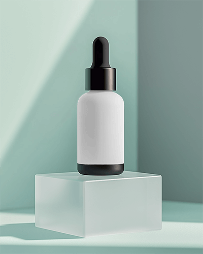 Pastel Blue Dropper Bottle Mockup On Matching Pedestal With Soft Lighting And Stylish Look