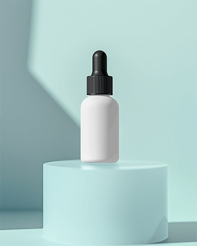 Cool Toned Dropper Bottle Mockup On Glass Platform With Minimalist And Modern Design