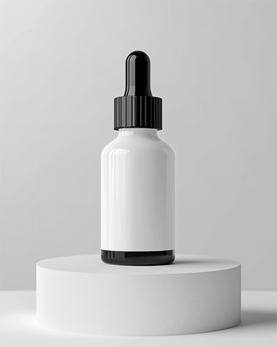 Clean Modern Dropper Bottle Mockup On White Cylinder With Minimalistic Background
