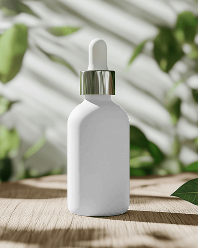 Natural Outdoor Dropper Bottle Mockup With Green Leaves Background And Serene Organic Feel