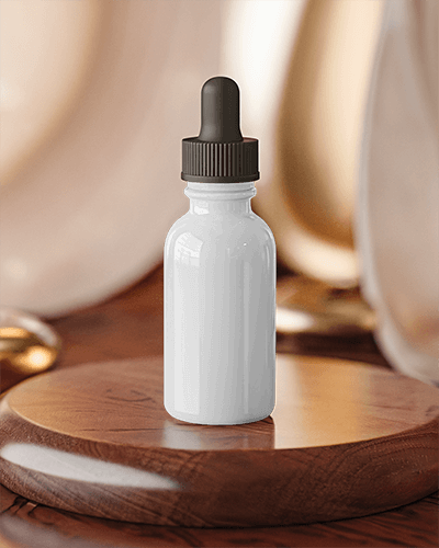 Dropper Bottle Mockup White Glossy Finish On Wooden Pedestal With Warm Blurred Background Luxurious And Minimalistic Aesthetic 011