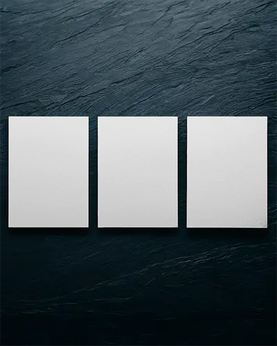 Trio A5 Flyer Mockup On Dark Slate Surface Top View Of Travel Discount And Coffee Designs Modern And Contrasted Layout Presentation 0124