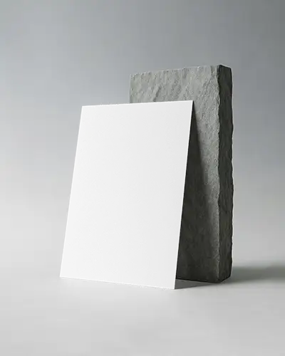 Stone Pillar Flyer Mockup Leaning On Rough Concrete Slab In Soft Shadowy Lighting Modern And Minimalist Display