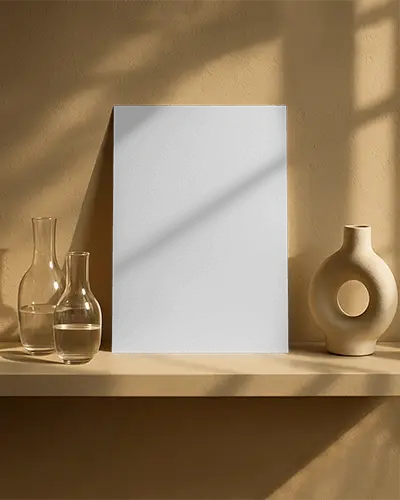 Warm Toned Interior Flyer Mockup Against Beige Wall With Glass Vessels And Sculptural Vase Elegant Natural Lighting
