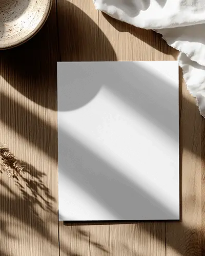 Wooden Tabletop Flyer Mockup Flat Lay With Ceramic Plate And Dried Flora Rustic And Organic Vibe