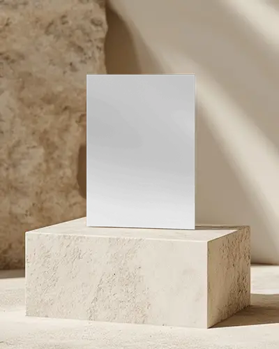 Sandstone Podium Flyer Mockup Upright On Cube Block Against Textured Stone Backdrop Sculptural Light Play