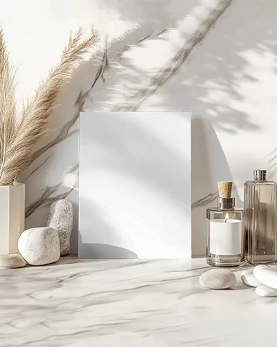 Marble Spa Setting Flyer Mockup With Candle Perfume Bottle And Pampas Grass Clean Wellness Theme