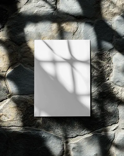 Stone Wall Mounted Flyer Mockup Dramatic Light And Shadow Pattern Play