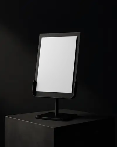 Elevated Frame Stand A4 Flyer Mockup Dark Studio With Spotlight Contrast