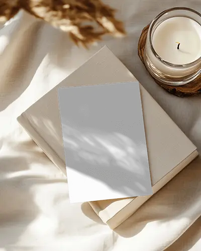 Cozy Aesthetic Flyer Mockup On Beige Book Stack With Candle And Fabric Light