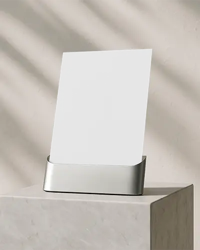 Flyer In Metal Stand Mockup On Marble Podium With Soft Shadow Play Modern Exhibition Display